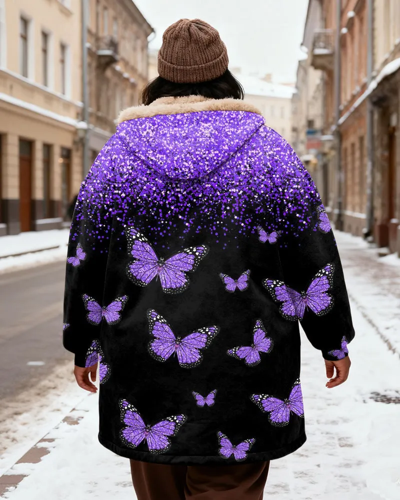 Women's Purple Gradient Butterfly Print Velvet Padded Long Hooded Coat sold by Biggmans product image thumbnail 3