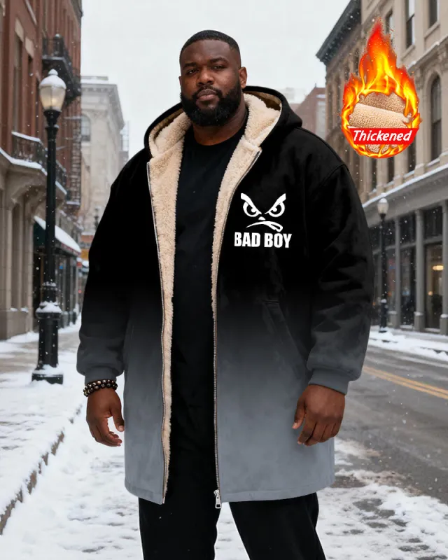Big & Tall Men's "BAD BOY" Orange Black Gradient Printed Velvet Padded Long Hooded Coat sold by Biggmans