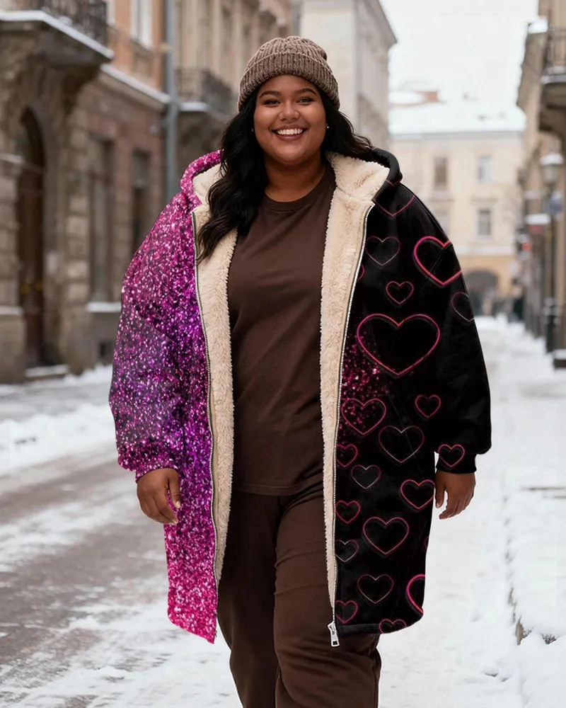 Women's Pink Black Contrast Love Sequins Stitching Printed Velvet Thickened Long Hooded Coat sold by Biggmans product image thumbnail 2