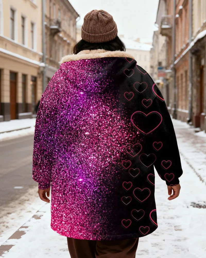 Women's Pink Black Contrast Love Sequins Stitching Printed Velvet Thickened Long Hooded Coat sold by Biggmans product image thumbnail 3