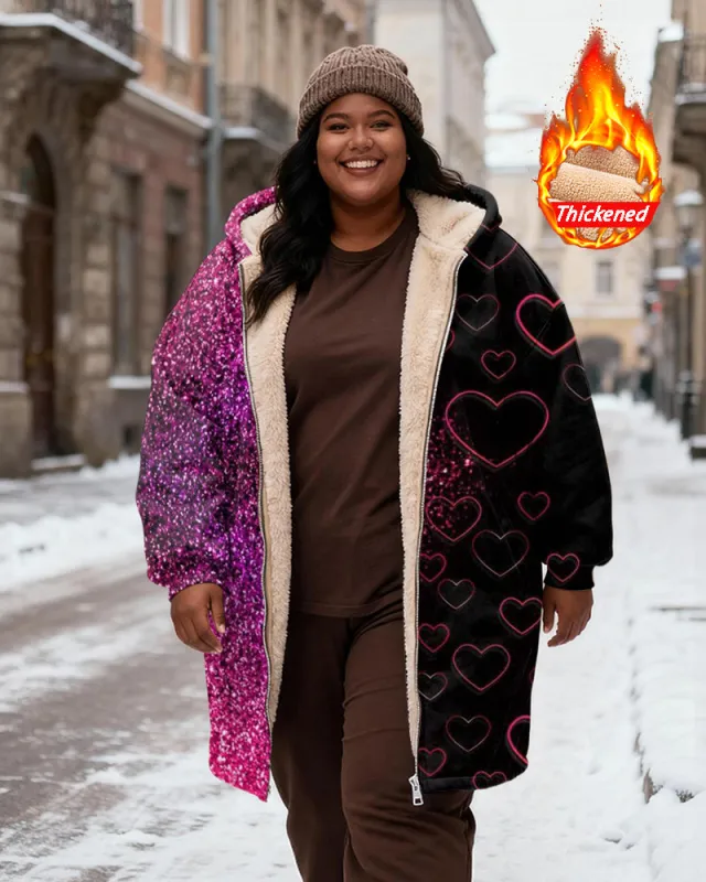 Women's Pink Black Contrast Love Sequins Stitching Printed Velvet Thickened Long Hooded Coat sold by Biggmans