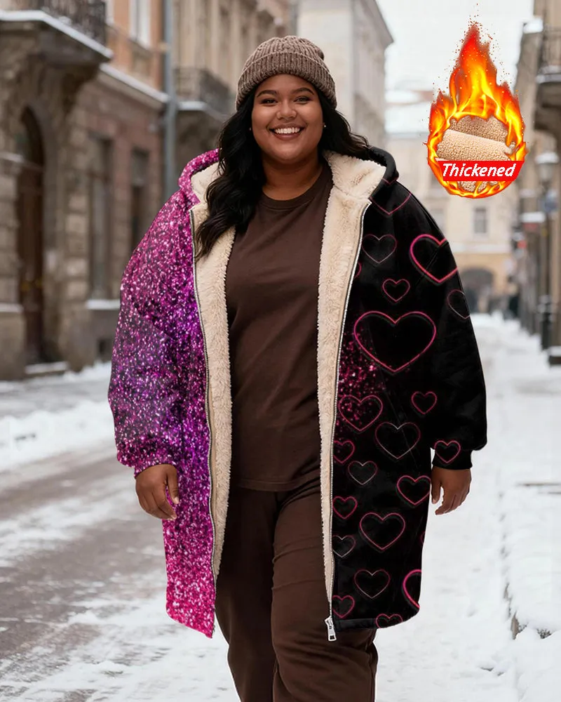 Women's Pink Black Contrast Love Sequins Stitching Printed Velvet Thickened Long Hooded Coat sold by Biggmans