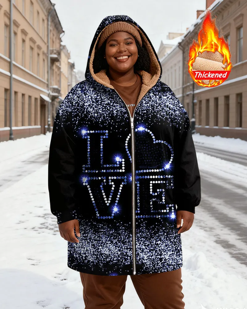 Women's Black Blue And White Sequins LOVE Love Printed Velvet Thickened Long Hooded Coat sold by Biggmans