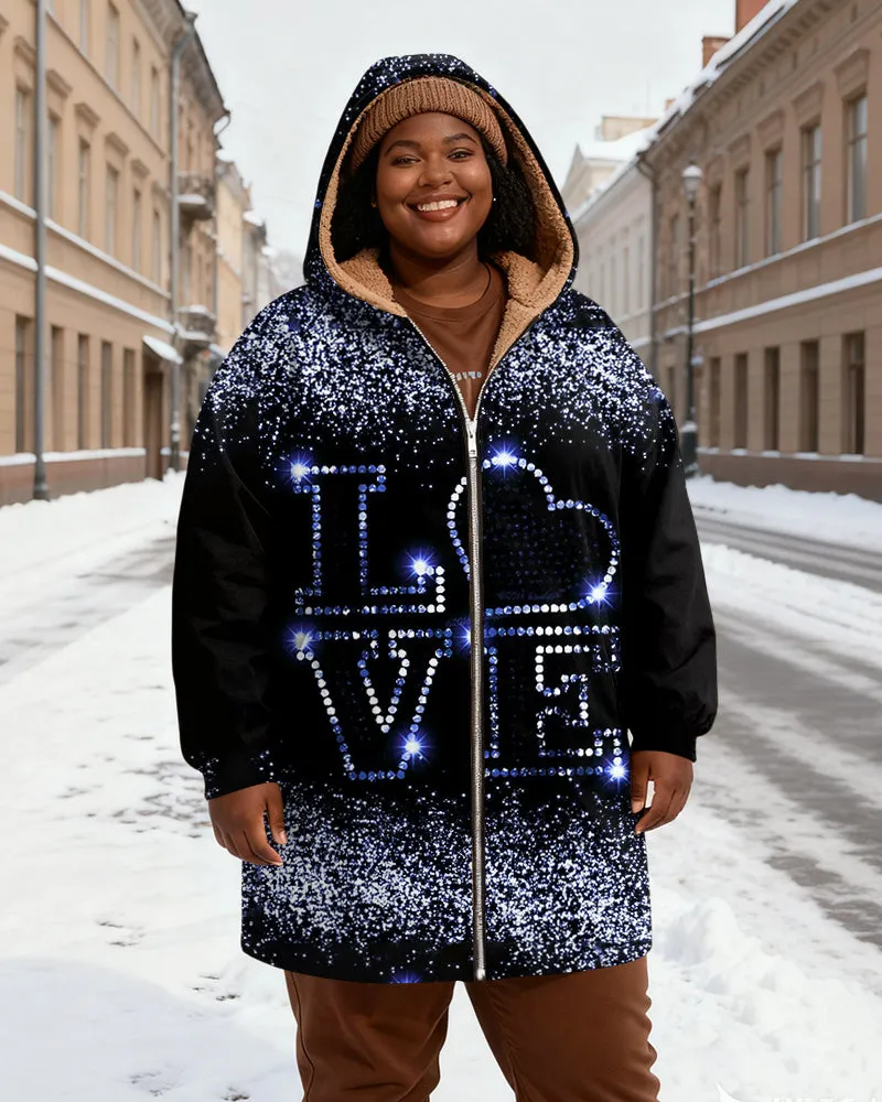 Women's Black Blue And White Sequins LOVE Love Printed Velvet Thickened Long Hooded Coat sold by Biggmans product image thumbnail 2