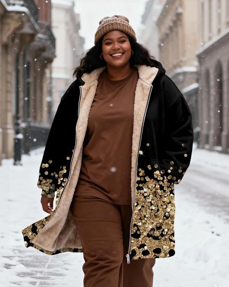 Women's Black Gold Sequin Leopard Print Patchwork Velvet Thickened Long Hooded Coat sold by Biggmans product image thumbnail 2