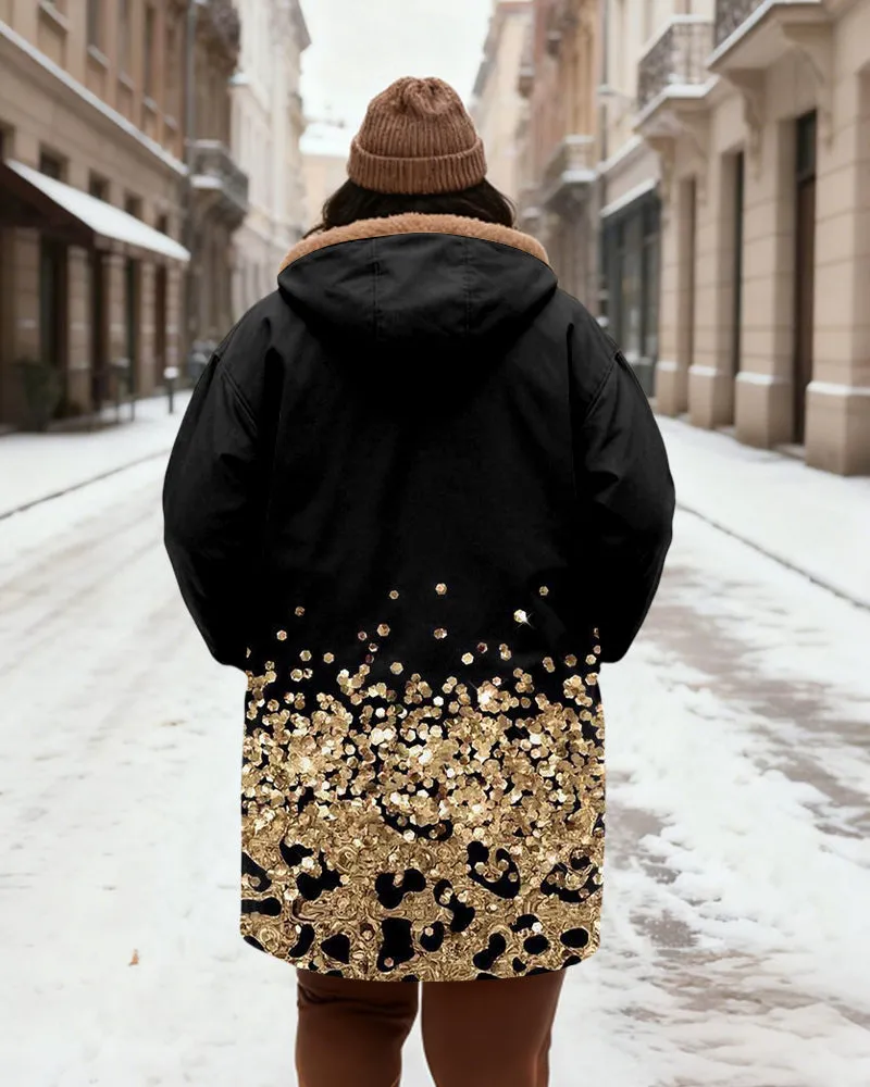 Women's Black Gold Sequin Leopard Print Patchwork Velvet Thickened Long Hooded Coat sold by Biggmans product image thumbnail 3