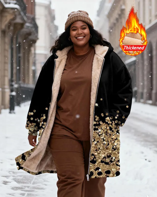 Women's Black Gold Sequin Leopard Print Patchwork Velvet Thickened Long Hooded Coat sold by Biggmans