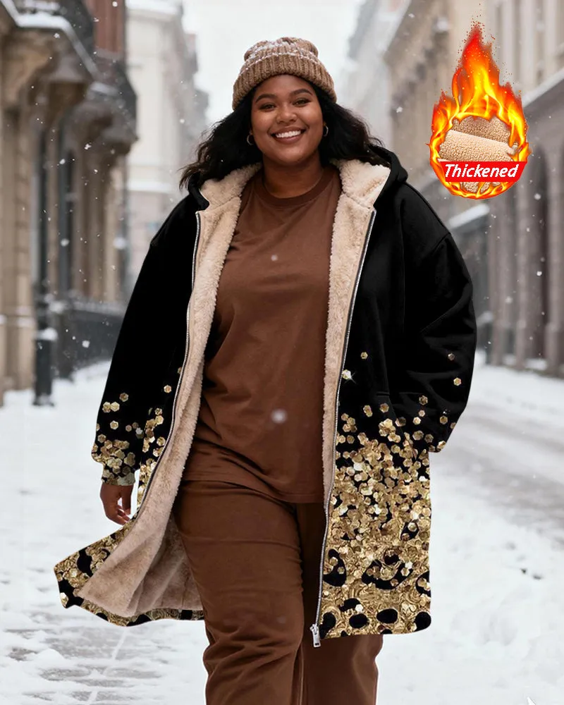Women's Black Gold Sequin Leopard Print Patchwork Velvet Thickened Long Hooded Coat sold by Biggmans