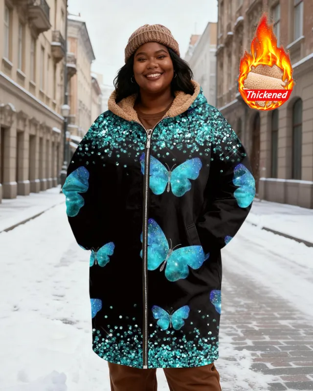 Women's Black Blue And Green Butterfly Sequins Printed Velvet Thickened Long Hooded Coat sold by Biggmans