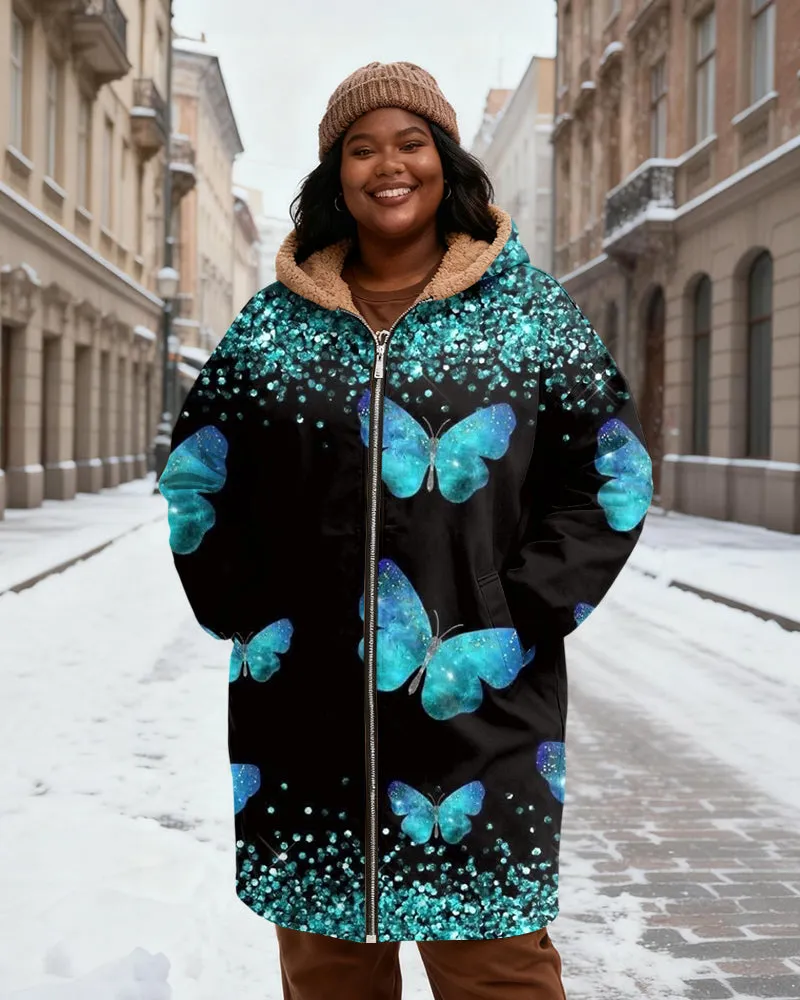 Women's Black Blue And Green Butterfly Sequins Printed Velvet Thickened Long Hooded Coat sold by Biggmans product image thumbnail 2