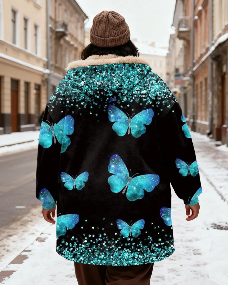 Women's Black Blue And Green Butterfly Sequins Printed Velvet Thickened Long Hooded Coat sold by Biggmans product image thumbnail 3