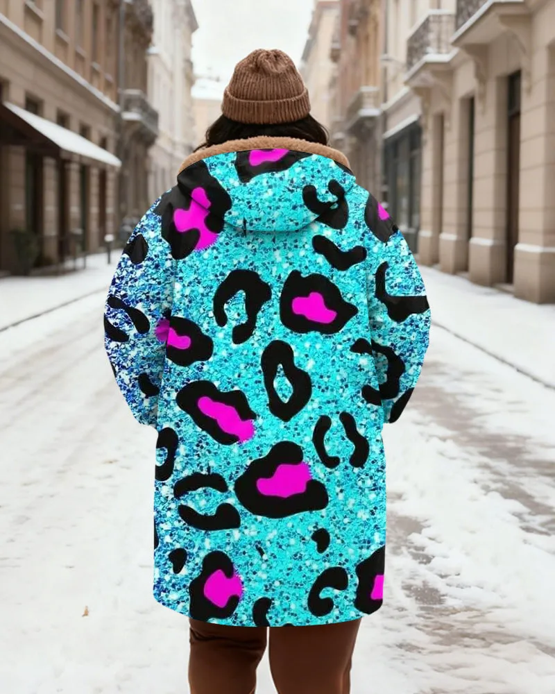 Women's Blue Powder Leopard Sequin Print Velvet Thickened Long Hooded Coat sold by Biggmans product image thumbnail 3