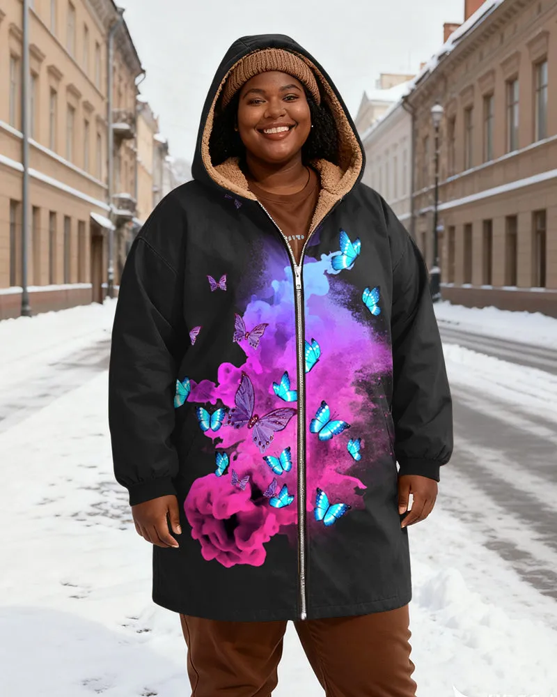 Women's Black Base Purple Blue Butterfly Printed Velvet Thickened Long Hooded Coat sold by Biggmans product image thumbnail 2