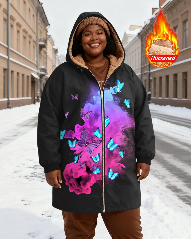 Women's Black Base Purple Blue Butterfly Printed Velvet Thickened Long Hooded Coat sold by Biggmans
