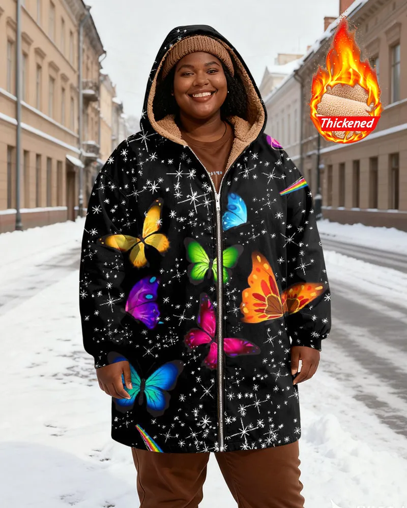Women's Black Starry Sky Colorful Butterfly Printed Velvet Thickened Long Hooded Coat sold by Biggmans