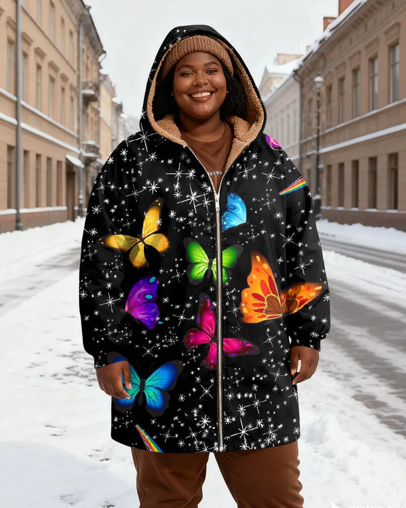 Women's Black Starry Sky Colorful Butterfly Printed Velvet Thickened Long Hooded Coat sold by Biggmans product image thumbnail 2