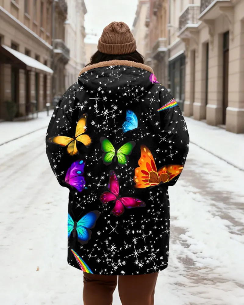 Women's Black Starry Sky Colorful Butterfly Printed Velvet Thickened Long Hooded Coat sold by Biggmans product image thumbnail 3