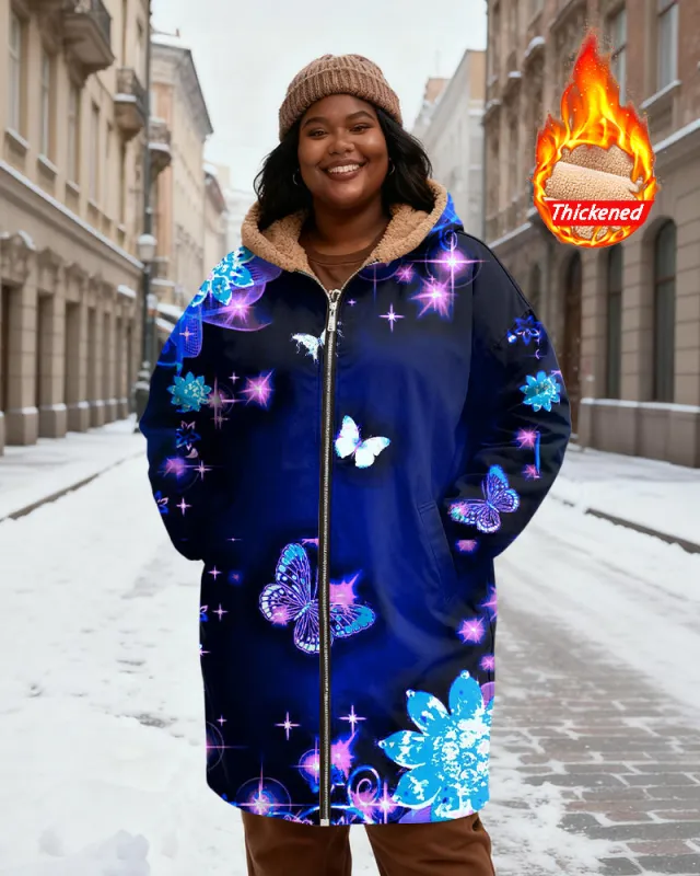 Women's Dark Blue Base Blue Purple Butterfly Star Floral Print Velvet Thickened Long Hooded Coat sold by Biggmans