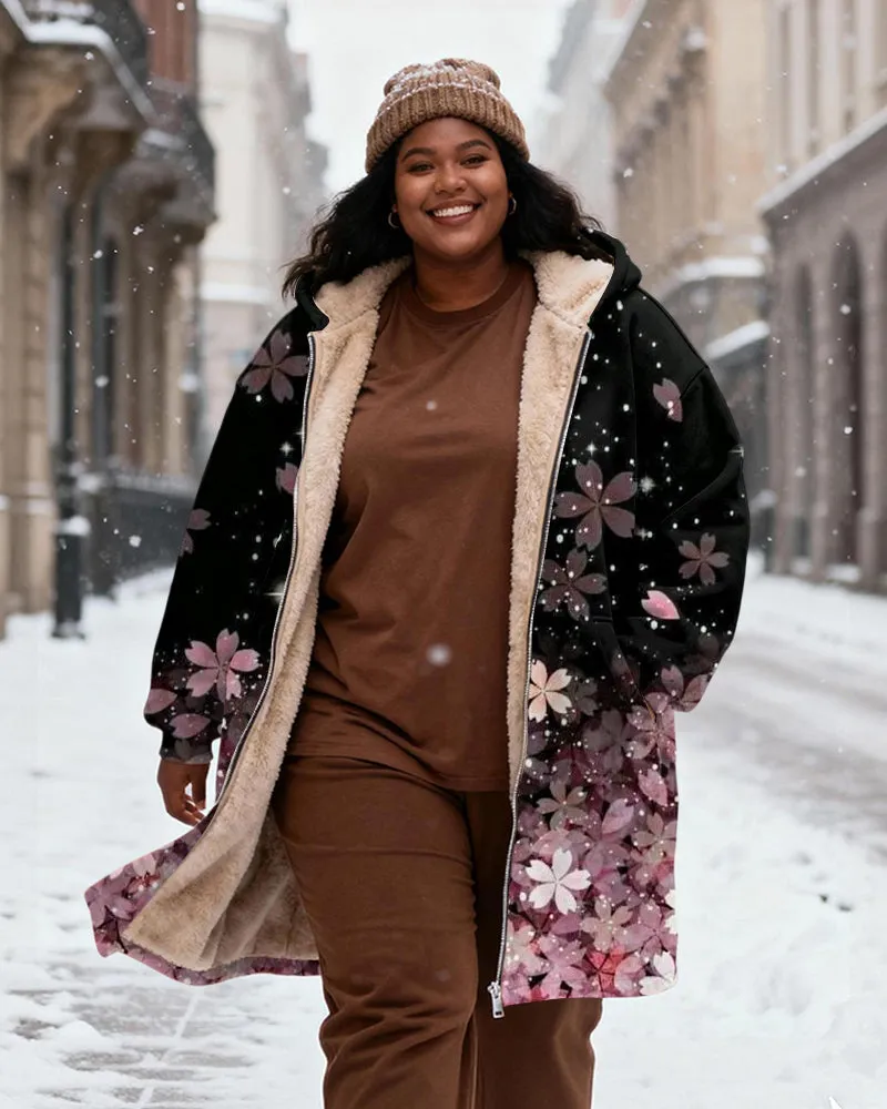 Women's Black Bottom Pink And Purple Cherry Blossom Gradient Print Velvet Thickened Long Hooded Coat sold by Biggmans product image thumbnail 2