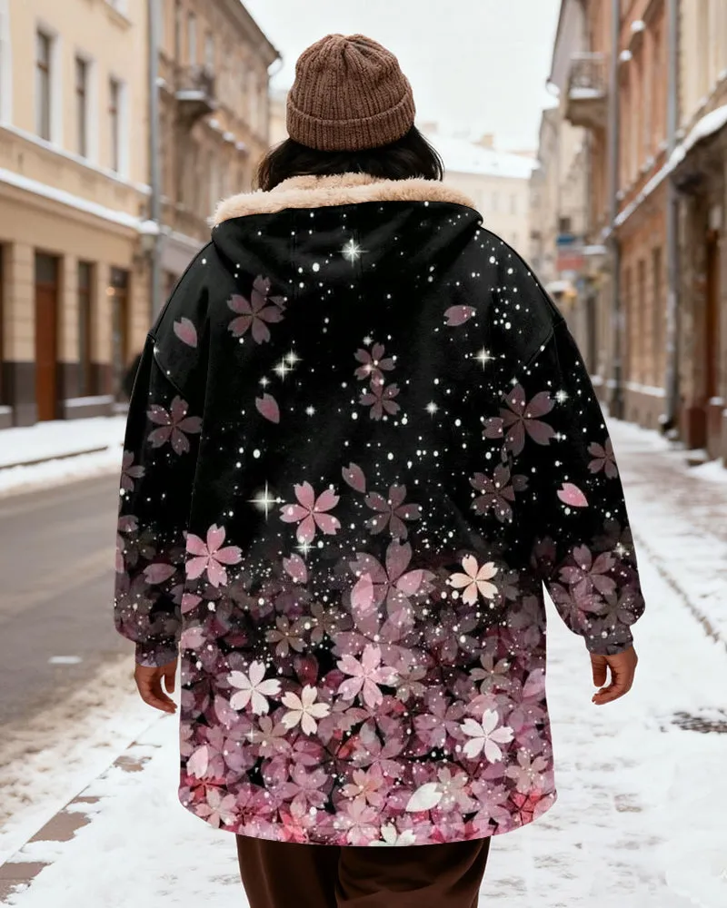 Women's Black Bottom Pink And Purple Cherry Blossom Gradient Print Velvet Thickened Long Hooded Coat sold by Biggmans product image thumbnail 3