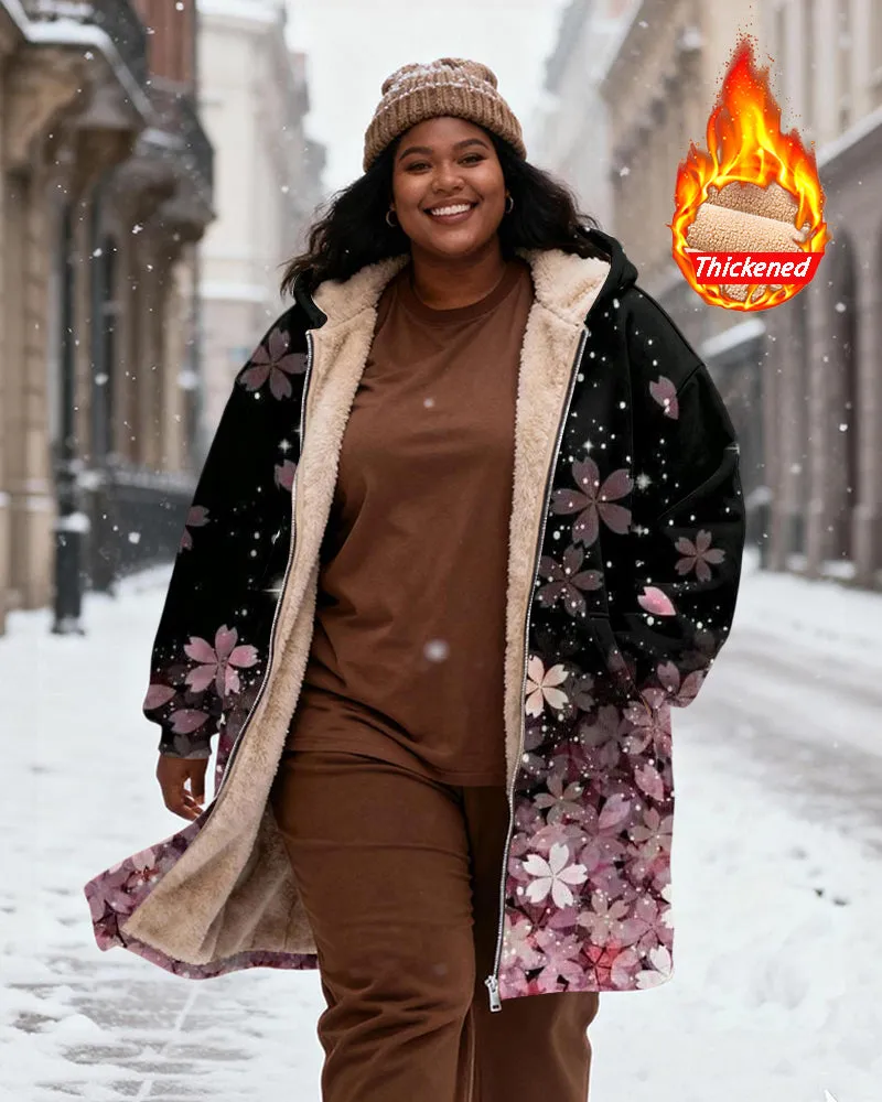 Women's Black Bottom Pink And Purple Cherry Blossom Gradient Print Velvet Thickened Long Hooded Coat sold by Biggmans