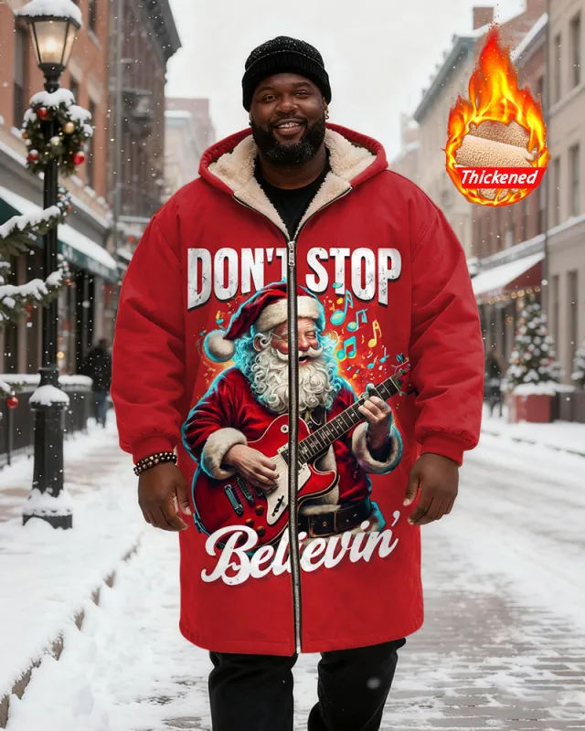 Big & Tall Men's Red DON'T STOP Believin' Santa Claus Playing Guitar Printed Velvet Thickened Long Hooded Coat sold by Biggmans
