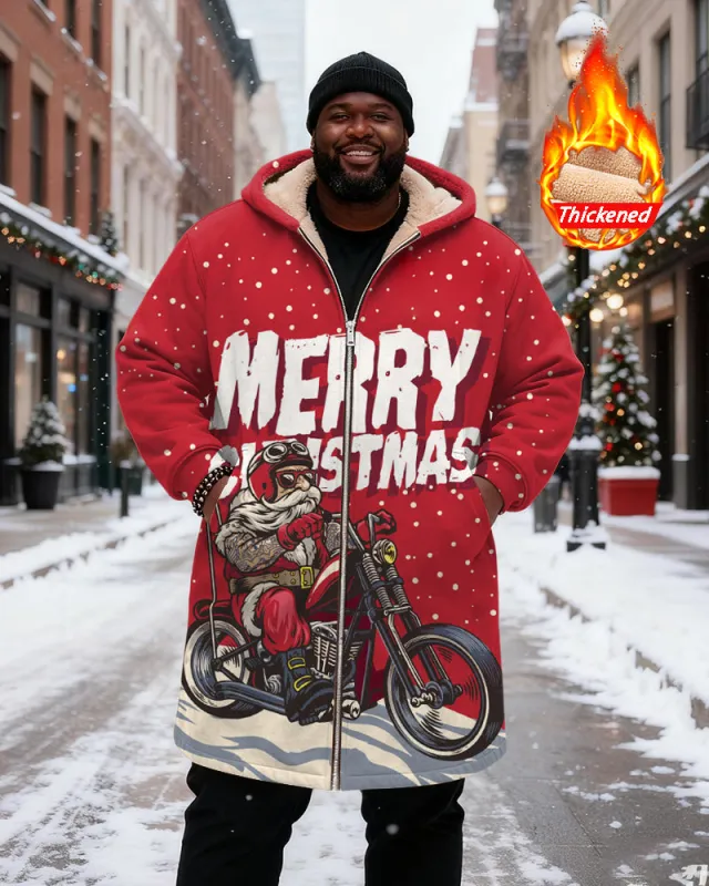 Big & Tall Men's Red MERRY CHRISTMAS Santa Riding Motorcycle Printed Velvet Thickened Long Hooded Coat sold by Biggmans
