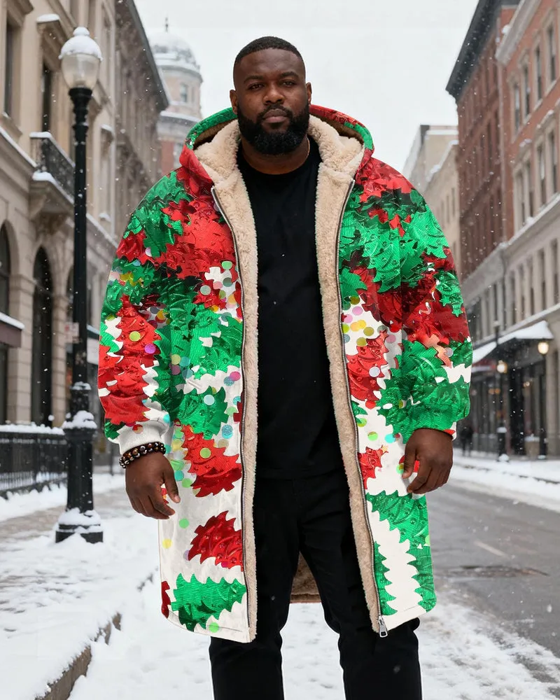 Big & Tall Men's Red And Green Christmas Leaves Sequin Printed Velvet Thickened Long Hooded Coat sold by Biggmans product image thumbnail 2