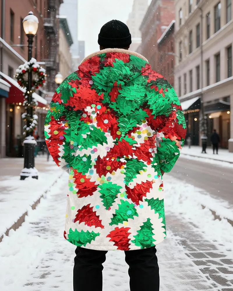 Big & Tall Men's Red And Green Christmas Leaves Sequin Printed Velvet Thickened Long Hooded Coat sold by Biggmans product image thumbnail 3