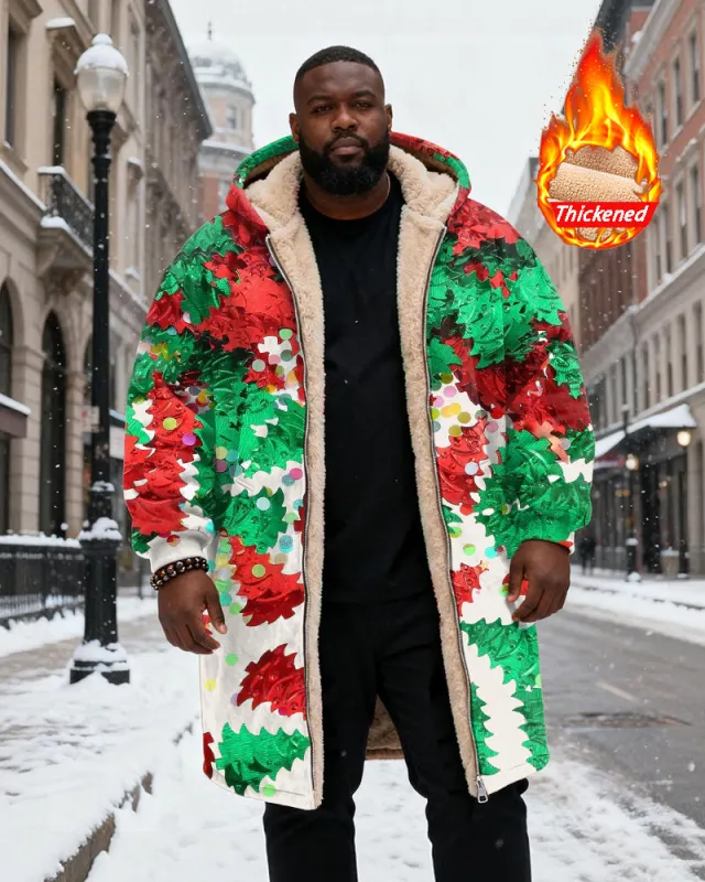 Big & Tall Men's Red And Green Christmas Leaves Sequin Printed Velvet Thickened Long Hooded Coat sold by Biggmans