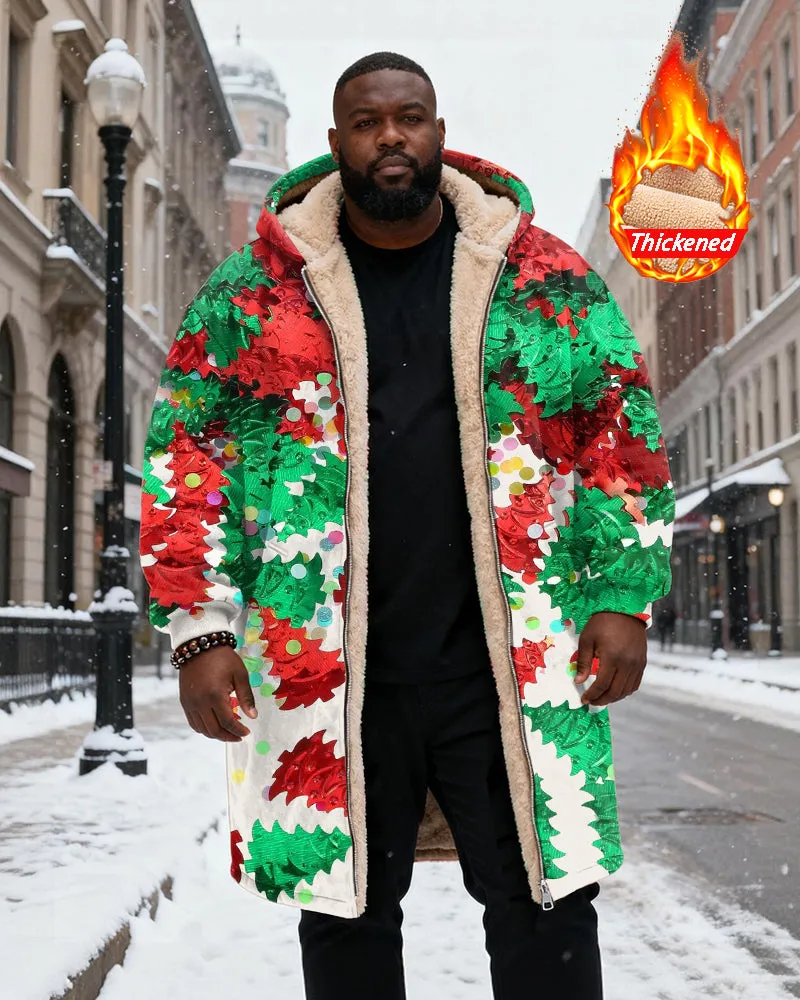 Big & Tall Men's Red And Green Christmas Leaves Sequin Printed Velvet Thickened Long Hooded Coat sold by Biggmans