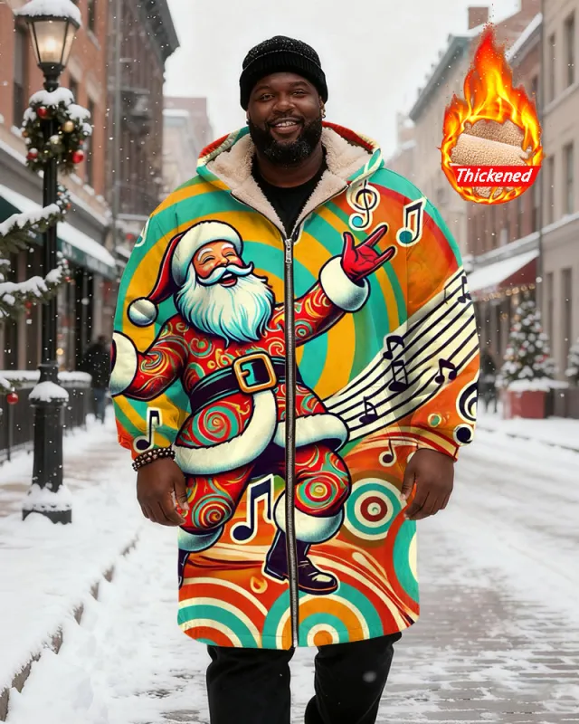 Big & Tall Men's Color Christmas Swing Note Printed Velvet Thickened Long Hooded Coat sold by Biggmans