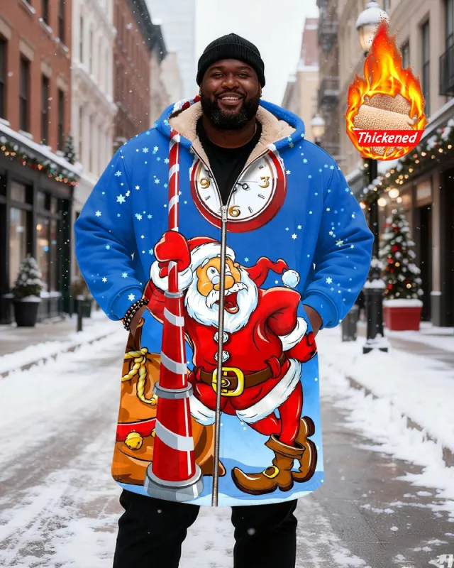 Big & Tall Men's Blue Background Santa Claus Clock Print Velvet Thickened Long Hooded Coat sold by Biggmans