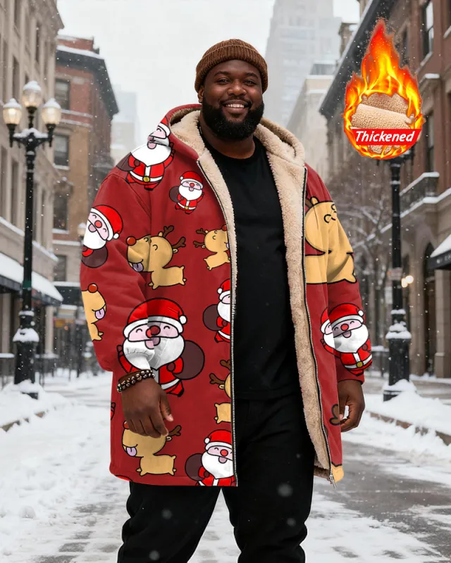 Big & Tall Men's Red Cartoon Santa Claus Elk Print Velvet Thickened Long Hooded Coat sold by Biggmans