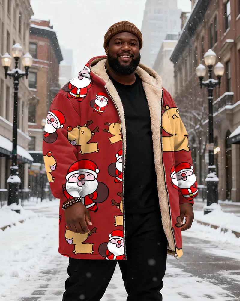 Big & Tall Men's Red Cartoon Santa Claus Elk Print Velvet Thickened Long Hooded Coat sold by Biggmans product image thumbnail 2