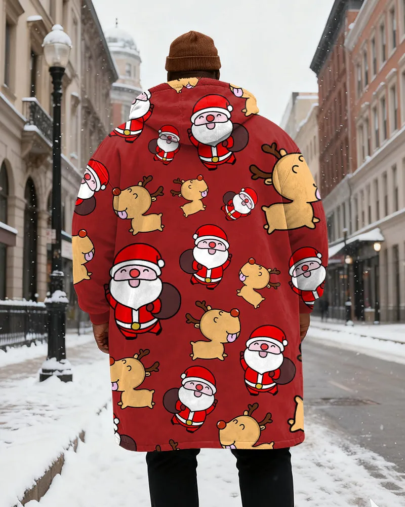 Big & Tall Men's Red Cartoon Santa Claus Elk Print Velvet Thickened Long Hooded Coat sold by Biggmans product image thumbnail 3
