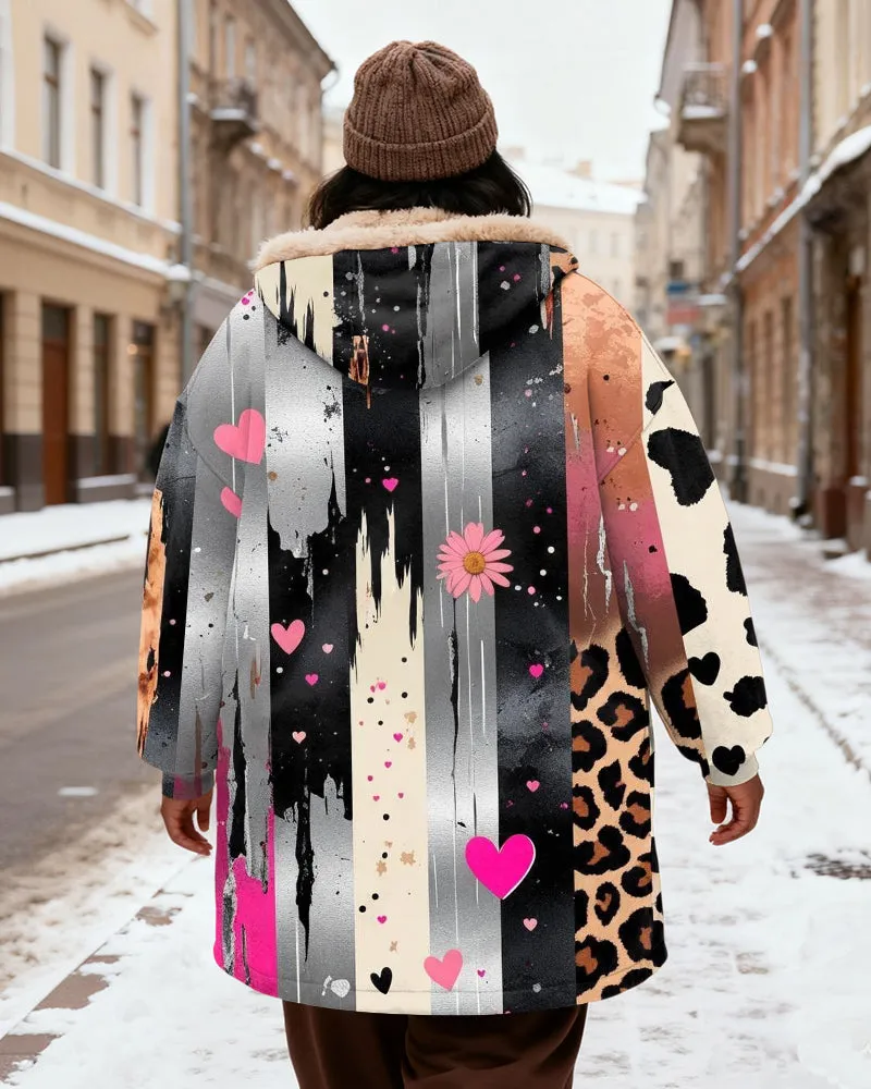 Women's Love Leopard Print Stitching Graffiti Print Velvet Thickened Long Hooded Coat sold by Biggmans product image thumbnail 3