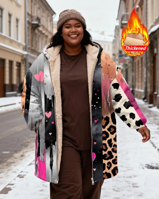 Women's Love Leopard Print Stitching Graffiti Print Velvet Thickened Long Hooded Coat sold by Biggmans