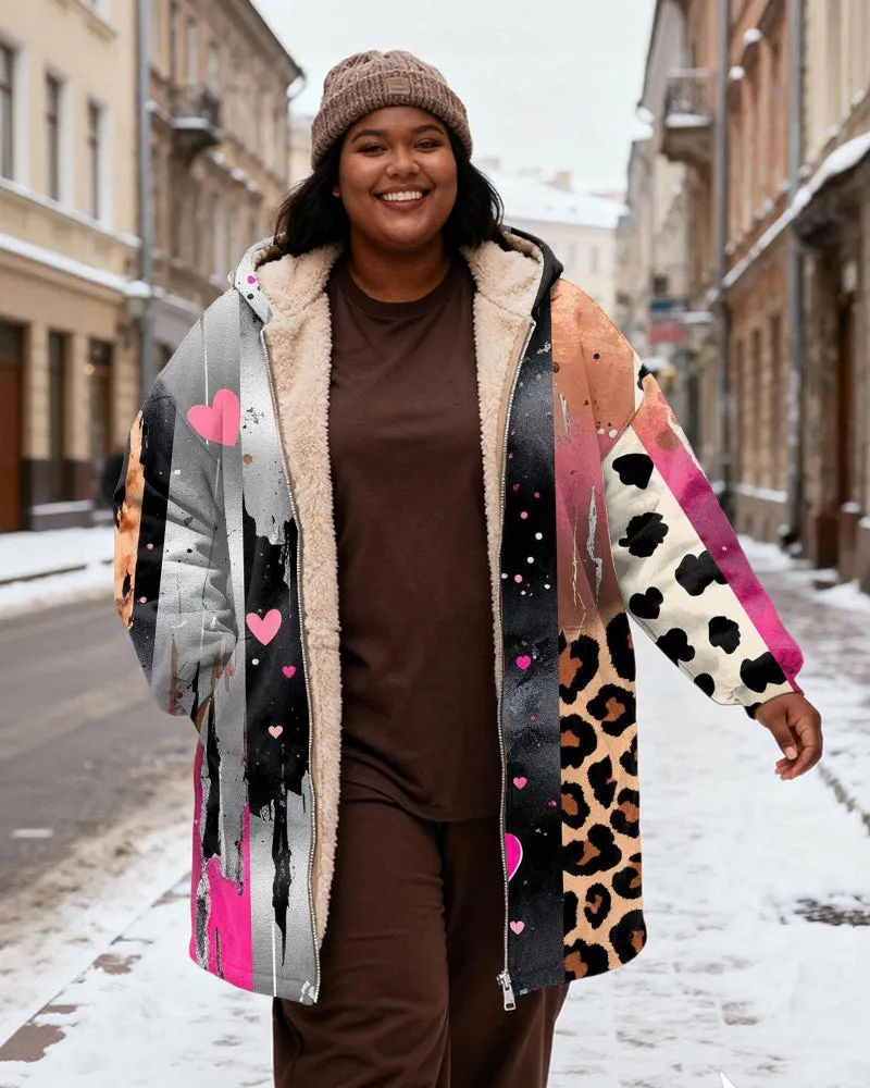 Women's Love Leopard Print Stitching Graffiti Print Velvet Thickened Long Hooded Coat sold by Biggmans product image thumbnail 2
