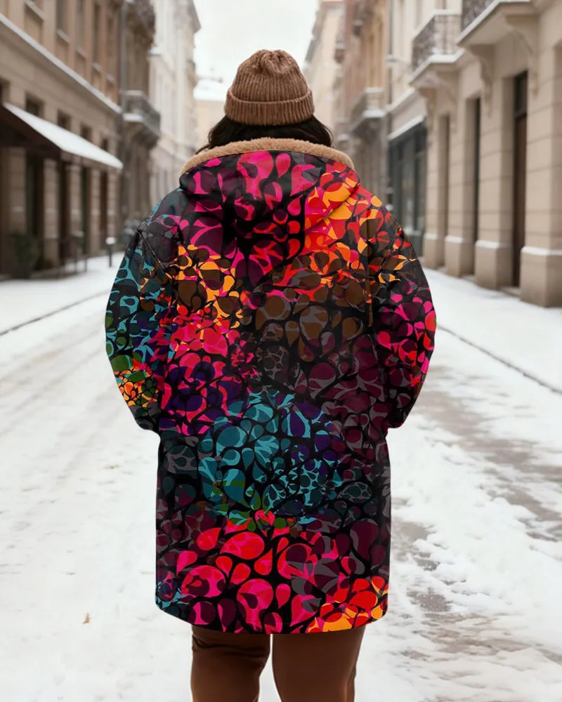 Women's Colorful Abstract Geometric Print Velvet Thickened Long Hooded Coat sold by Biggmans product image thumbnail 3