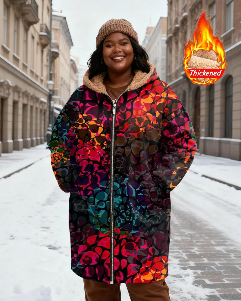 Women's Colorful Abstract Geometric Print Velvet Thickened Long Hooded Coat sold by Biggmans