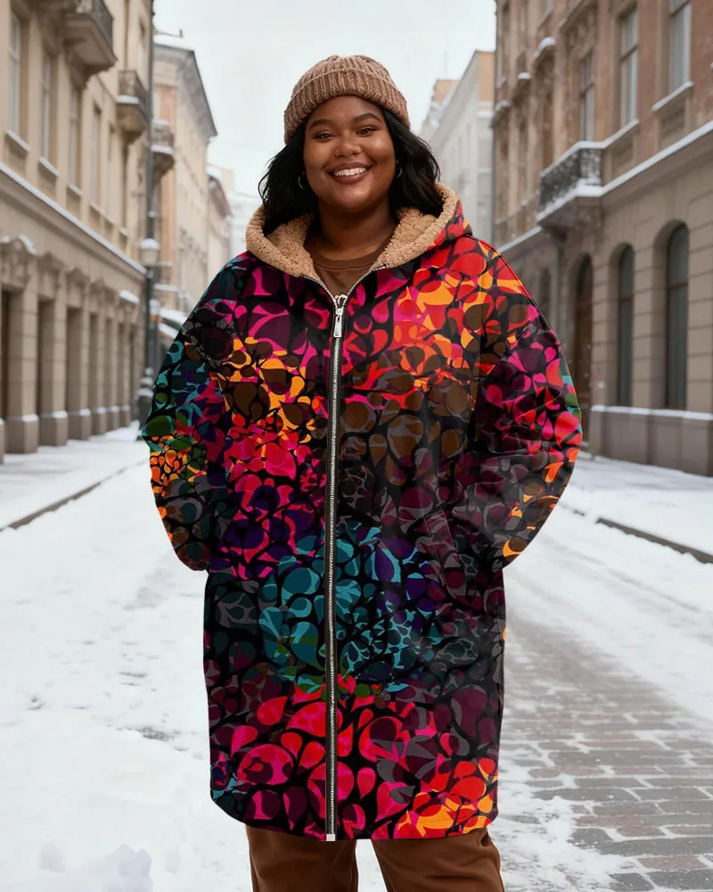 Women's Colorful Abstract Geometric Print Velvet Thickened Long Hooded Coat sold by Biggmans product image thumbnail 2