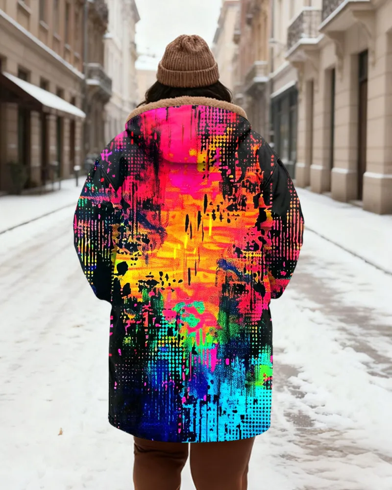 Women's Neon Graffiti Print Velvet Thickened Long Hooded Coat sold by Biggmans product image thumbnail 3