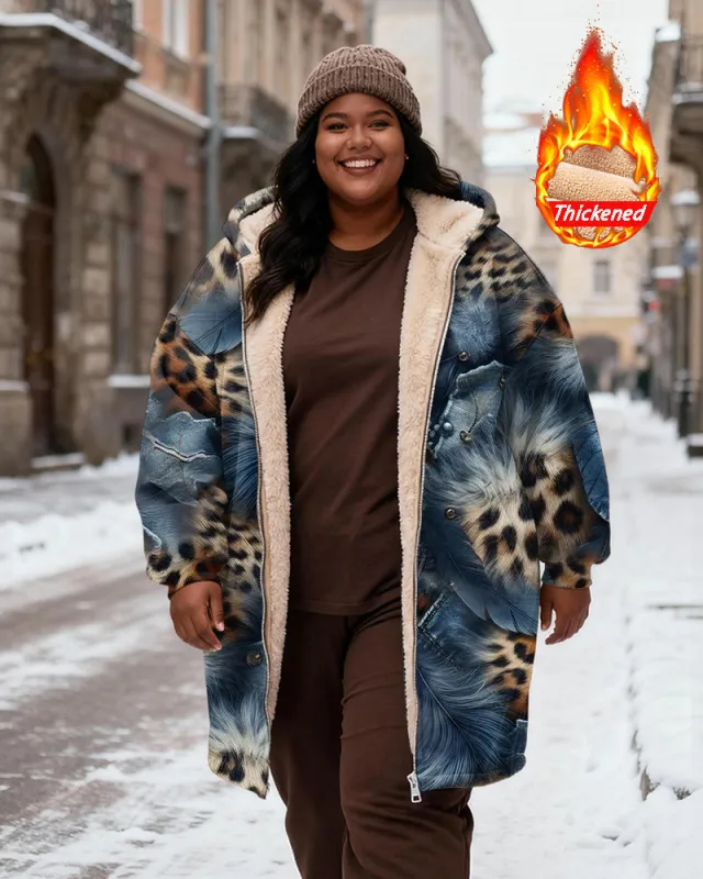 Women's Leopard-Print Feather-Print Velvet Thickened Long Hooded Coat sold by Biggmans