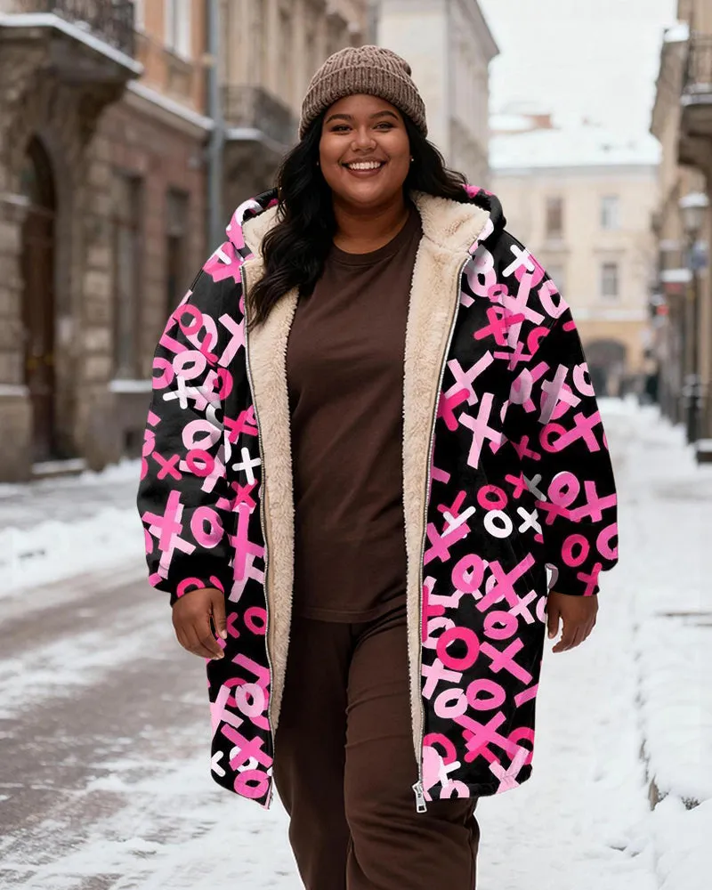 Women's Pink Black Letter Printed Velvet Thickened Long Hooded Coat sold by Biggmans product image thumbnail 2