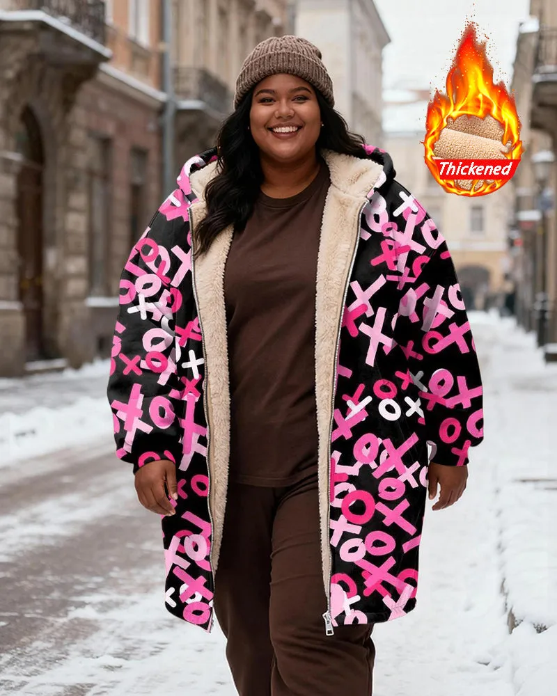 Women's Pink Black Letter Printed Velvet Thickened Long Hooded Coat sold by Biggmans