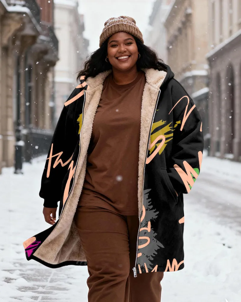 Women's Black Graffiti Letter Printed Velvet Thickened Long Hooded Coat sold by Biggmans product image thumbnail 2