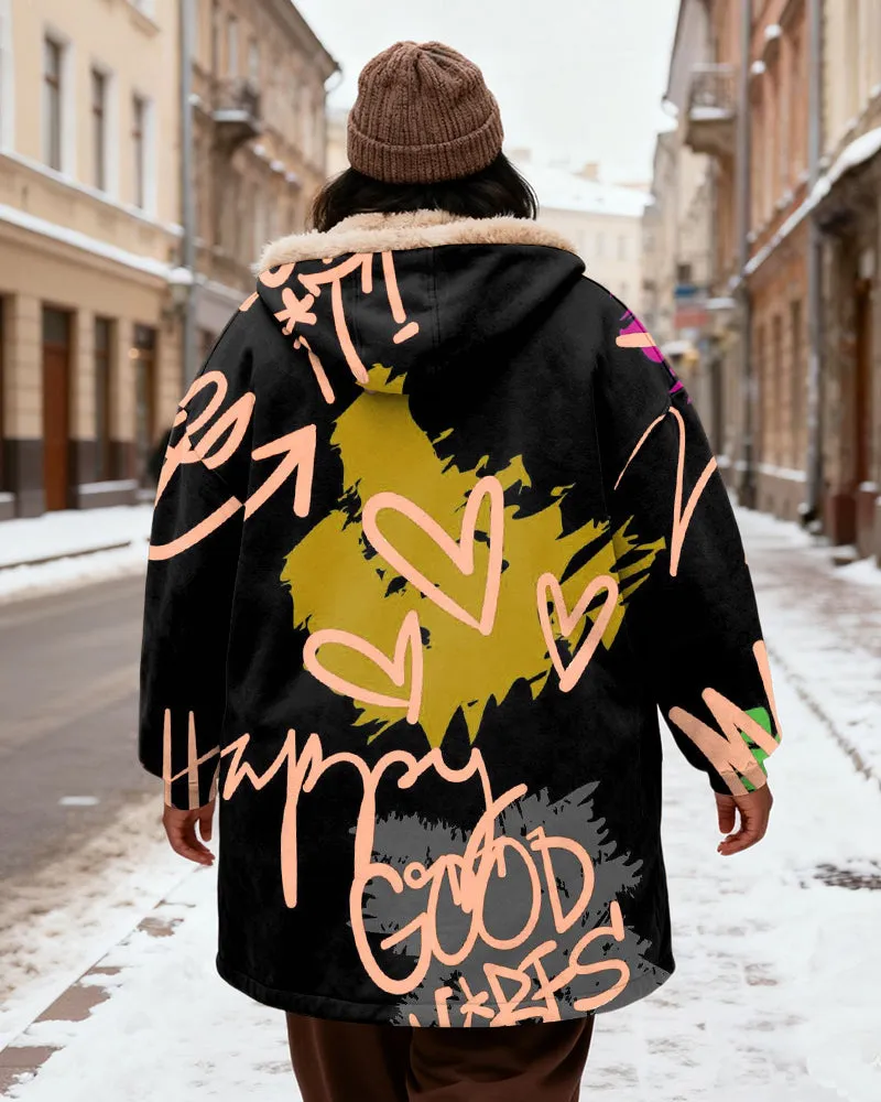 Women's Black Graffiti Letter Printed Velvet Thickened Long Hooded Coat sold by Biggmans product image thumbnail 3