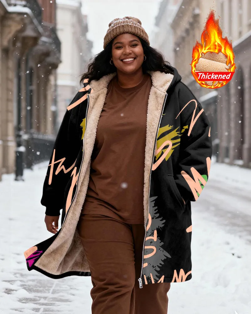 Women's Black Graffiti Letter Printed Velvet Thickened Long Hooded Coat sold by Biggmans