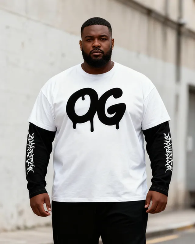 Big & Tall Men's "OG" Dripping Letter Printed Fake Two-Piece Long Sleeve T-Shirt sold by Biggmans